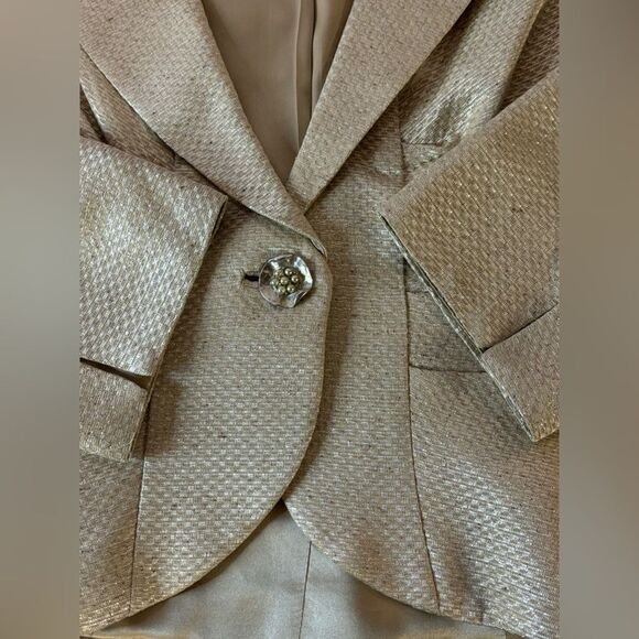 Kay Unger Cream Gold Tweed Silk Bodice Dress with Matching Silk Lined Jacket 10 - Picture 14 of 15